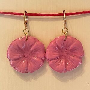 NEW 3D Pink Flower Polymer Clay & Resin Dangle Earrings